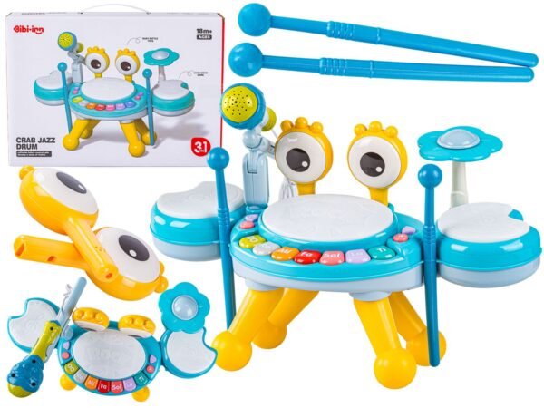 Edukacyjna Mini Perkusja Krab Pianinko Mikrofon Zestaw Muzyczny Niebieski