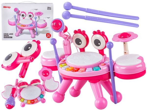 Edukacyjna Mini Perkusja Krab Pianinko Mikrofon Zestaw Muzyczny Różowy